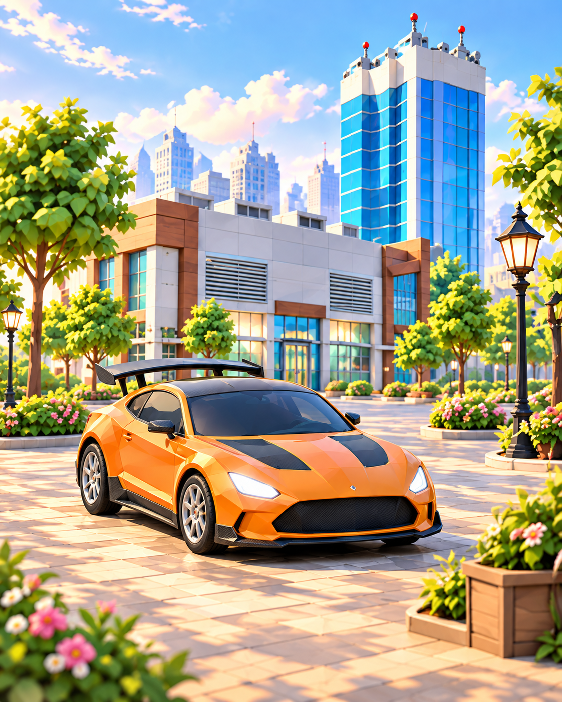 Marlowe’s orange sports car in Skyline City